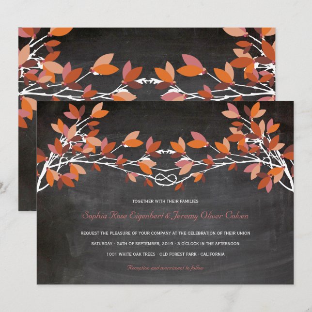 Autumn Red Knotted Love Trees Chalkboard Wedding Invitation (Front/Back)