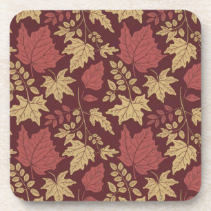 Autumn Red Leaves Beige Burgundy Coaster Set