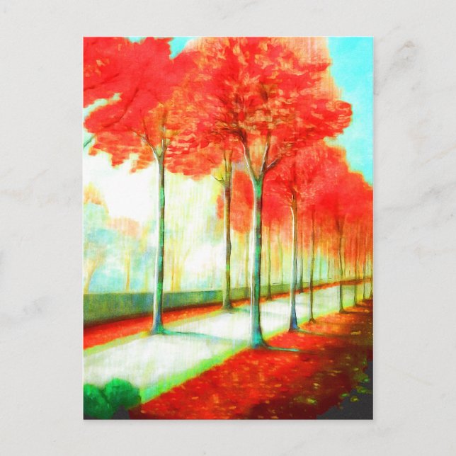 Autumn Red Leaves Trees Way Scenic Art Postcard (Front)