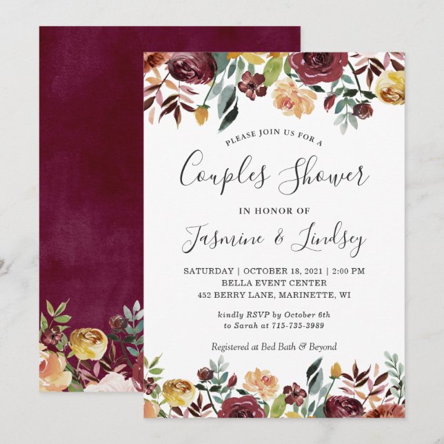 Autumn Red Orange Floral Wedding Couples Shower Invitation (Front/Back)