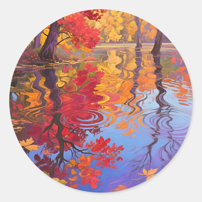 Autumn Reflection Pond Impressionist Classic Round Sticker (Front)
