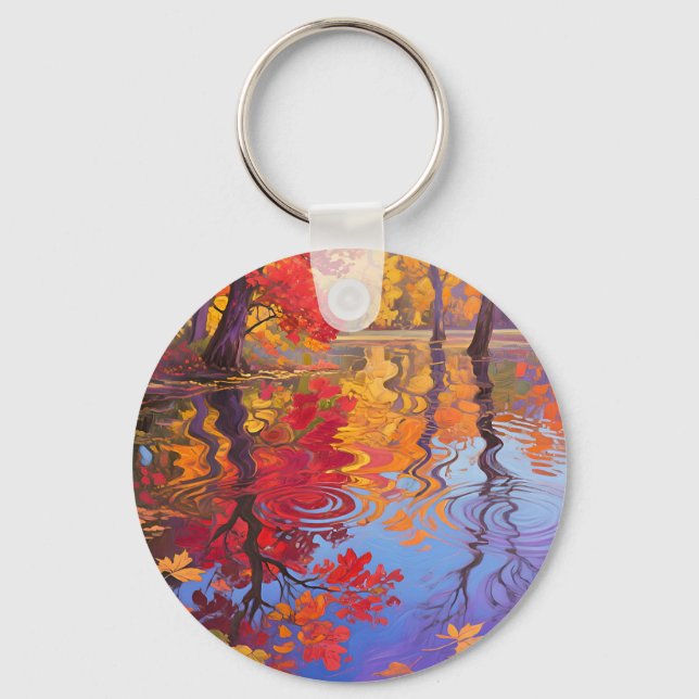 Autumn Reflection Pond Impressionist Key Ring (Front)