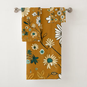 Autumn Retro Boho Mustard Flowers Pattern Bath Towel Set