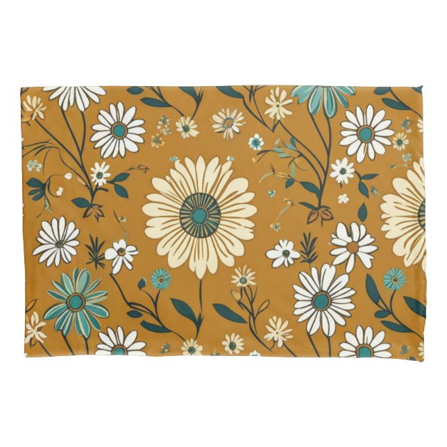 Autumn Retro Boho Mustard Flowers Pattern Pillowcase (Front)