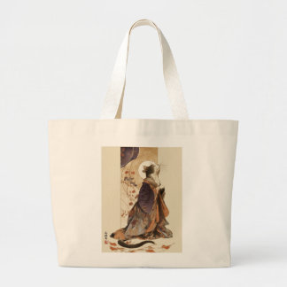 "Autumn Reverie" Japanese Cat in Kimono Art Large Tote Bag