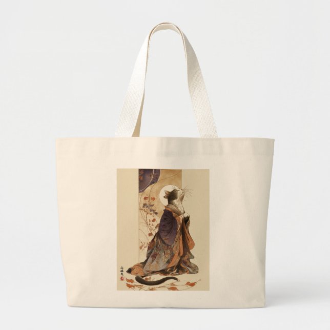 "Autumn Reverie" Japanese Cat in Kimono Art Large Tote Bag (Front)