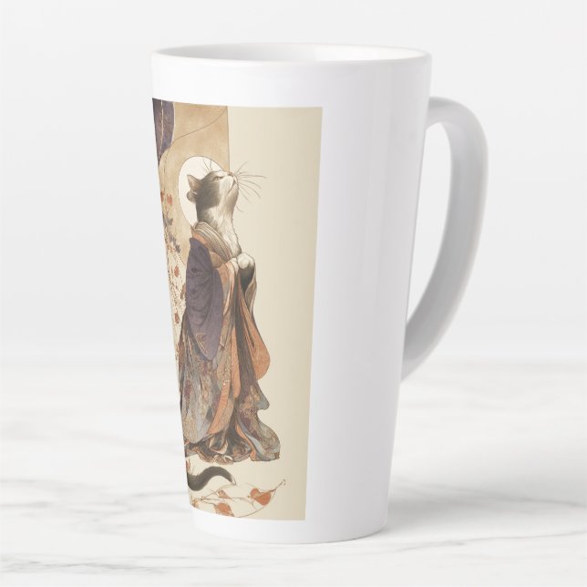 "Autumn Reverie" Japanese Cat in Kimono Art Latte Mug (Right Angle)