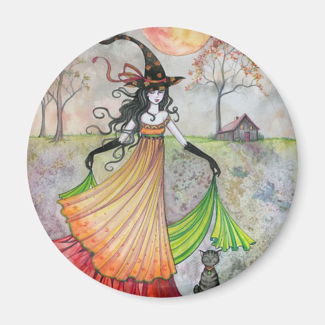 Autumn Reverie Witch and Cat Halloween Art Magnet (Front)