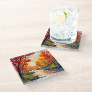 Autumn River Fall Foliage Nature Watercolor Glass Coaster