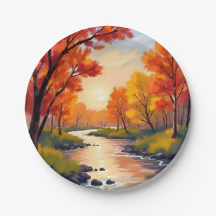 Autumn River   Fall Foliage Nature Watercolor Paper Plate