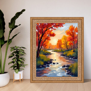 Autumn River   Fall Foliage Nature Watercolor Poster