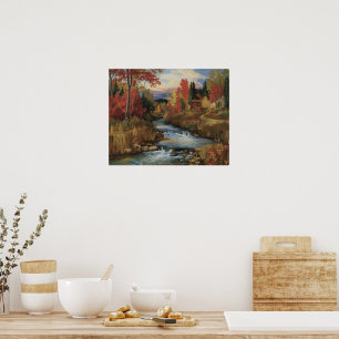 Autumn River Landscape Oil Painting Poster