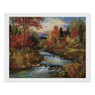 Autumn River Landscape Oil Painting  Poster