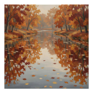 Autumn River Reflection Orange Trees Fall Poster