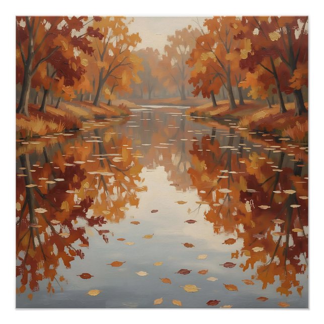 Autumn River Reflection Orange Trees Fall  Poster (Front)