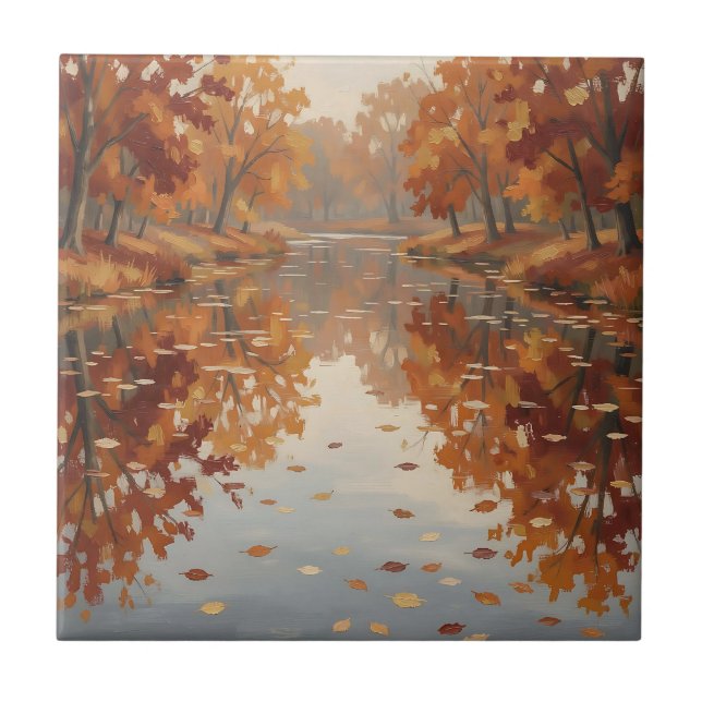 Autumn River Reflection Orange Trees Fall  Tile (Front)