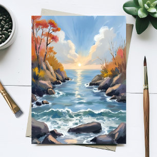 Autumn River Sunlight Landscape Watercolor Card