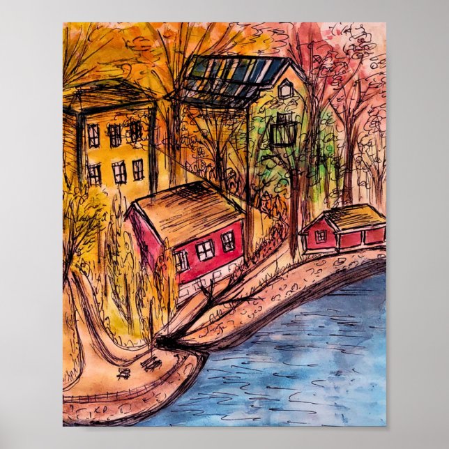 Autumn Riverside Art – Cosy Fall Illustration Poster (Front)