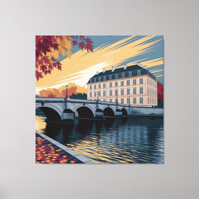 Autumn Riverside European City Illustration Art Canvas Print (Front)