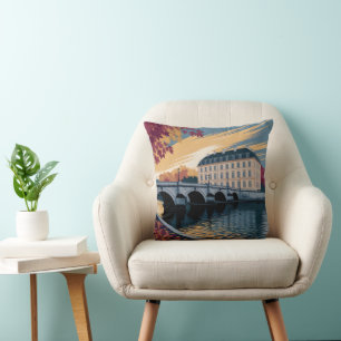 Autumn Riverside European City Illustration Art Cushion