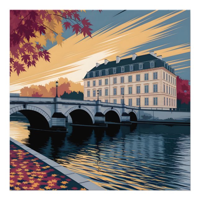 Autumn Riverside European City Illustration Art Photo Print (Front)