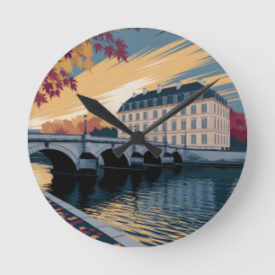 Autumn Riverside European City Illustration Art Round Clock
