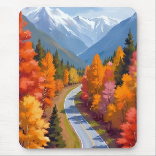 Autumn Road Fall Foliage Watercolor Nature Mouse Mat