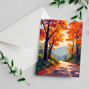 Autumn Road   Watercolor Fall Foliage Leaves Card