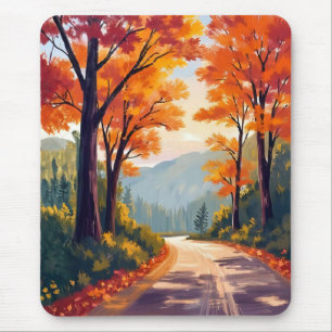 Autumn Road Watercolor Fall Foliage Leaves Mouse Mat
