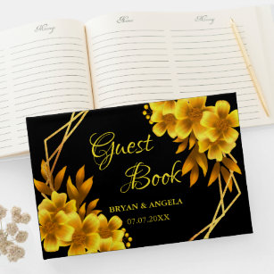 Autumn romance black & gold floral geometric fall guest book