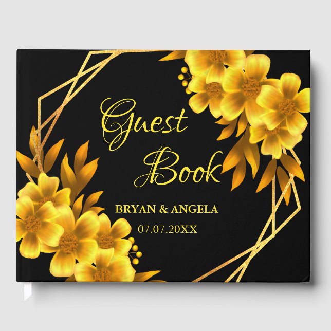 Autumn romance black & gold floral geometric fall guest book (Front)