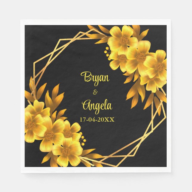 Autumn romance black & gold floral geometric fall napkin (Front)