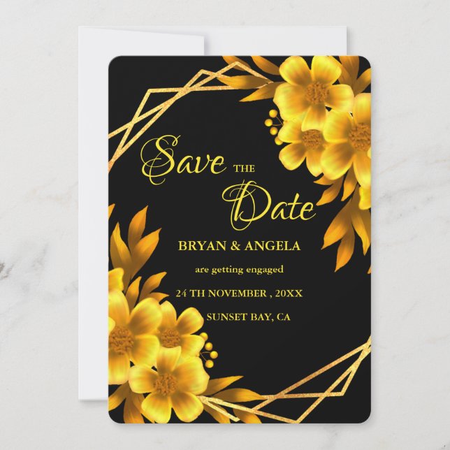 Autumn romance black & gold floral geometric fall save the date (Front)