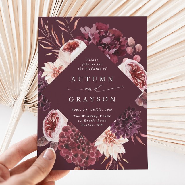 Autumn Romance Burgundy Floral Wedding Invitation (Creator Uploaded)