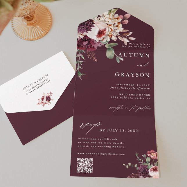 Autumn Romance Burgundy Floral Wedding QR Code All In One Invitation (Inside & Back)