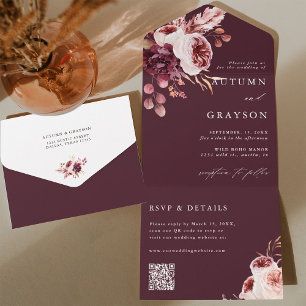 Autumn Romance Burgundy Floral Wedding QR Code All In One Invitation