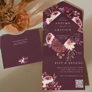 Autumn Romance Burgundy Floral Wedding QR Code All In One Invitation