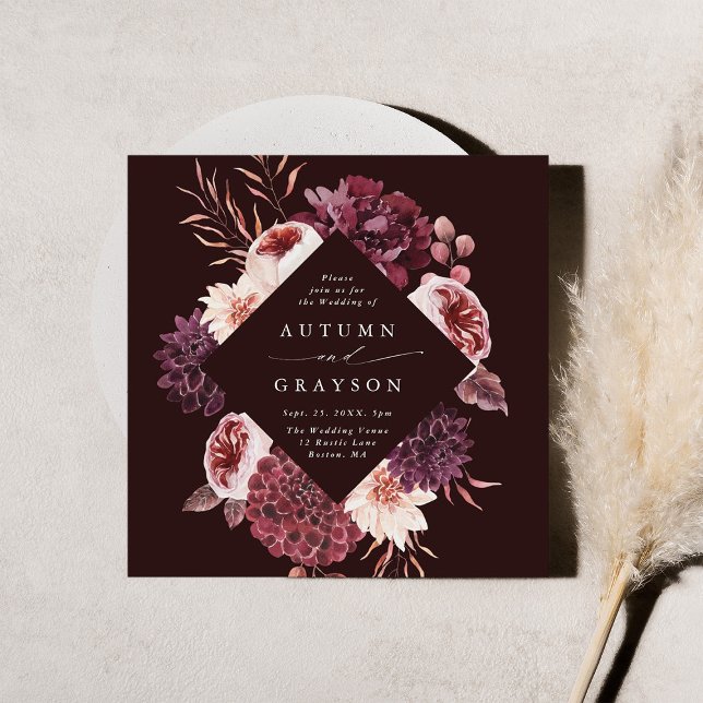Autumn Romance Burgundy Floral Wedding Square  Invitation (Creator Uploaded)