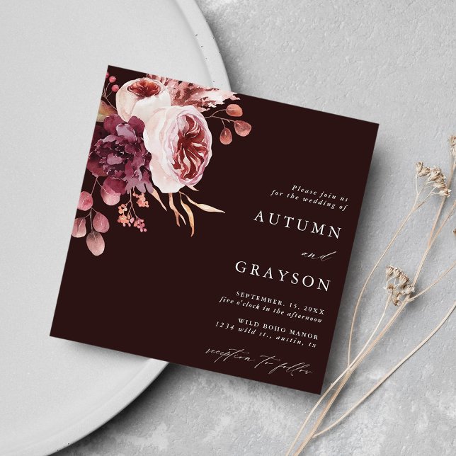 Autumn Romance Burgundy Floral Wedding Square  Invitation (Creator Uploaded)
