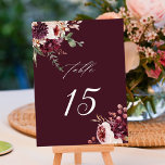 Autumn Romance Burgundy Floral Wedding Table Number<br><div class="desc">This wedding table number features watercolor flower bouquets of dahlias,  garden roses,  and peony in burgundy red,  maroon,  blush pink over fall leaves. For more advanced customisation of this design,  please click the BLUE DESIGN TOOL BUTTON. Matching items are also available.</div>