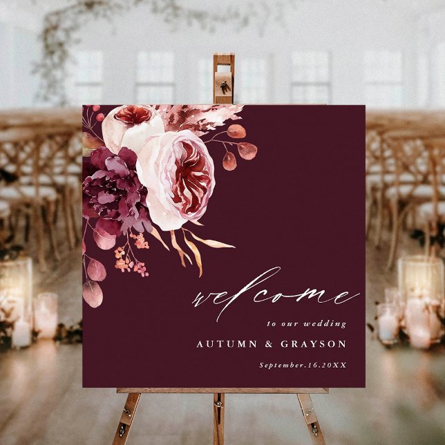 Autumn Romance Burgundy Floral Wedding Welcome Poster (Creator Uploaded)