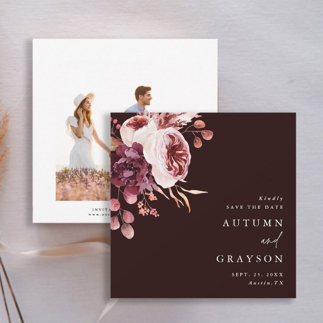 Autumn Romance Burgundy Watercolor Wedding Photo  Save The Date (Front & Back)