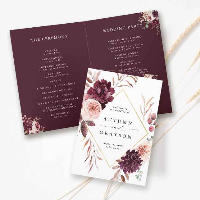 Autumn Romance Burgundy Wedding Folded Program Programme (Front & Inside)