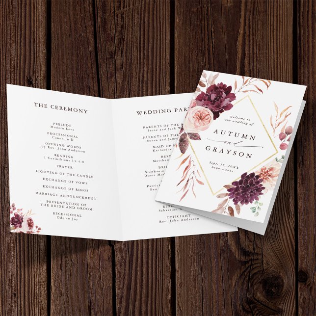 Autumn Romance Burgundy Wedding Folded      Programme (Front & Inside)
