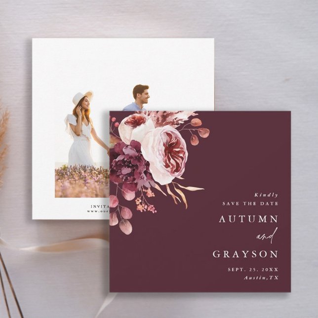 Autumn Romance Burgundy Wedding Photo  Save The Date (Front & Back)