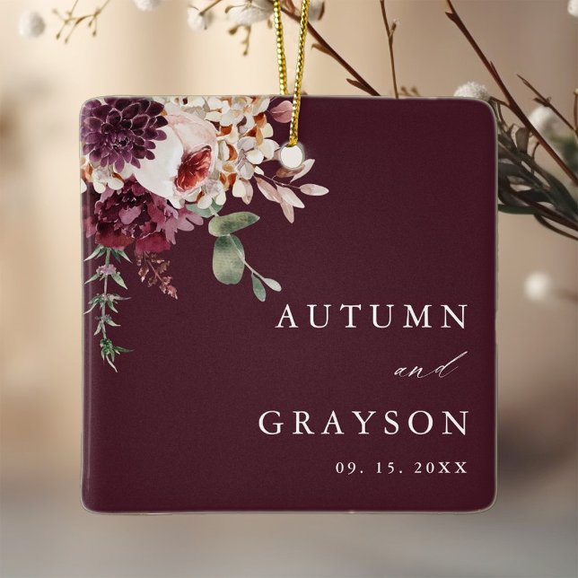 Autumn Romance Elegant Burgundy Wedding Photo      Ceramic Ornament (Creator Uploaded)
