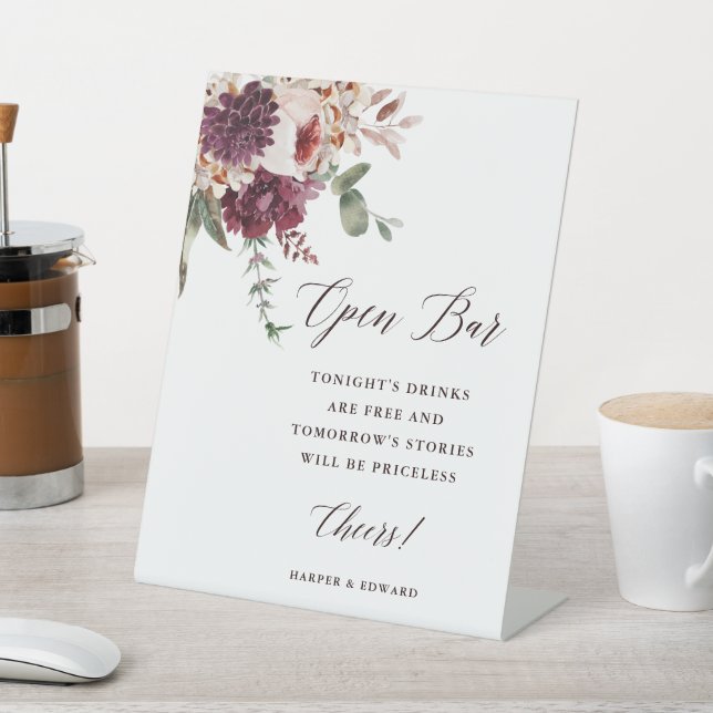 Autumn Romance Floral Wedding Open Bar Pedestal Sign (In SItu)