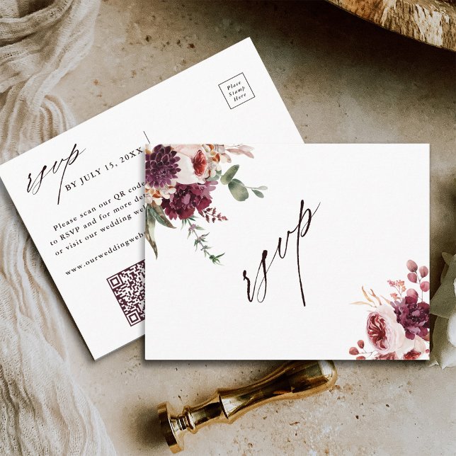 Autumn Romance Floral Wedding QR Code RSVP Postcard (Front & Back)