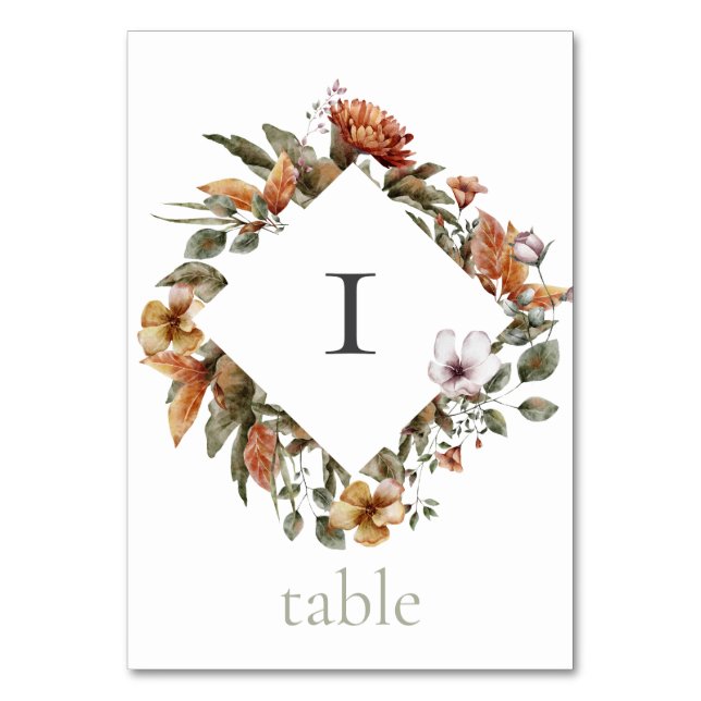 Autumn Romance Floral Wedding Table Number (Front)