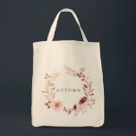 Autumn Romance Floral Wreath Personalise Grocery Tote Bag<br><div class="desc">This personalised grocery tote bag features a watercolor flower wreath of dahlia,  garden rose,  peony,  and poppy in burgundy red,  maroon,  blush pink over fall leaves. For more advanced customisation of this design,  please click the BLUE DESIGN TOOL BUTTON. Matching items are also available.</div>